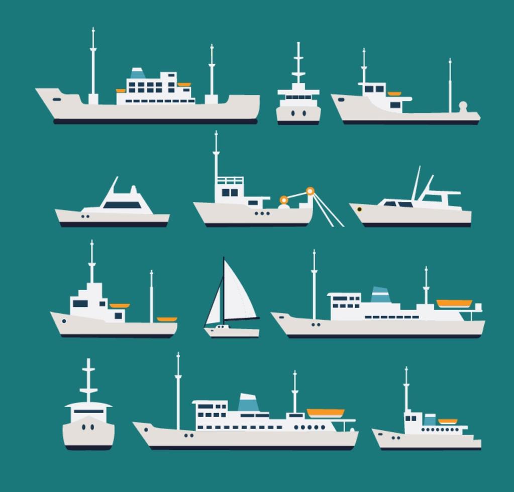 barcos conjunto plano. siluetas de varios barcos y yates. vector