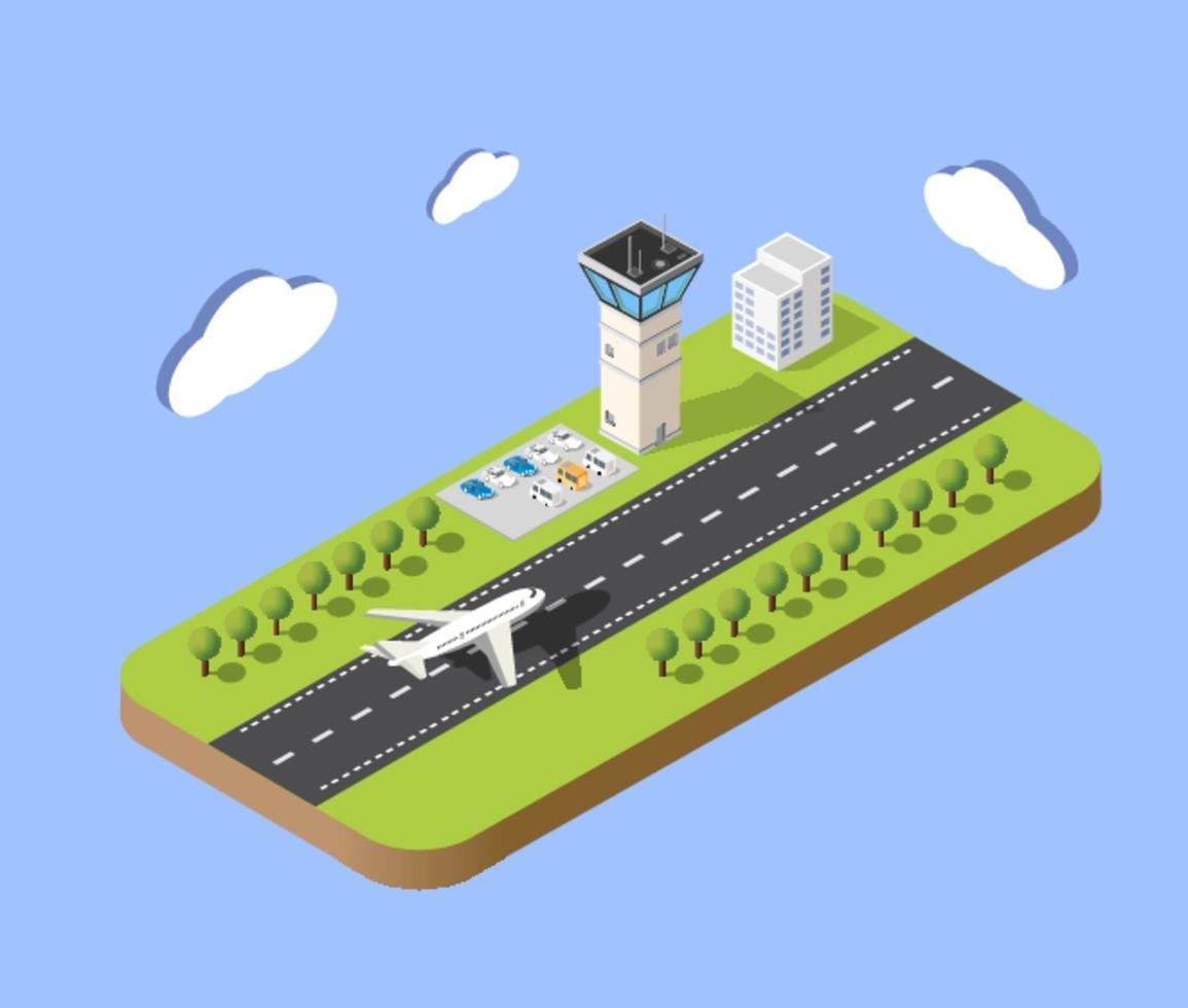 Isometric map of the city airport, the trees and the flight of construction vector