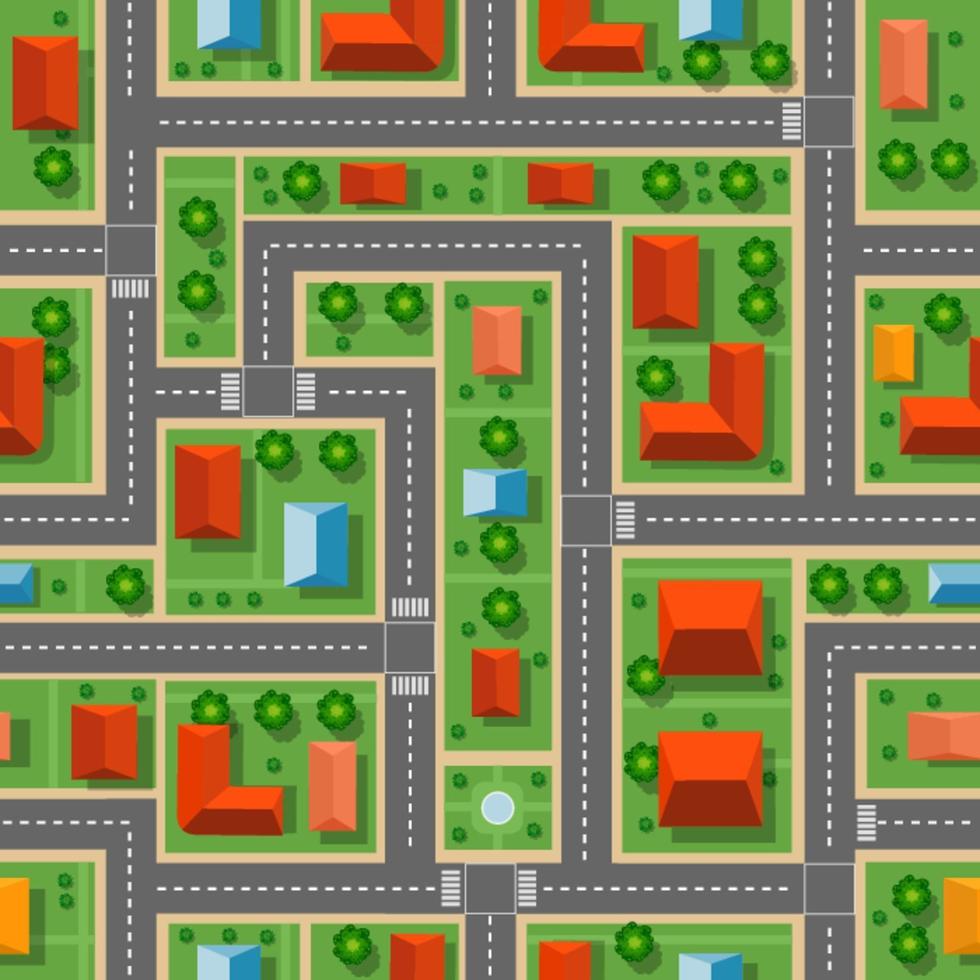 Vista superior de la ciudad de patrones sin fisuras de calles, carreteras, casas y coches. vector