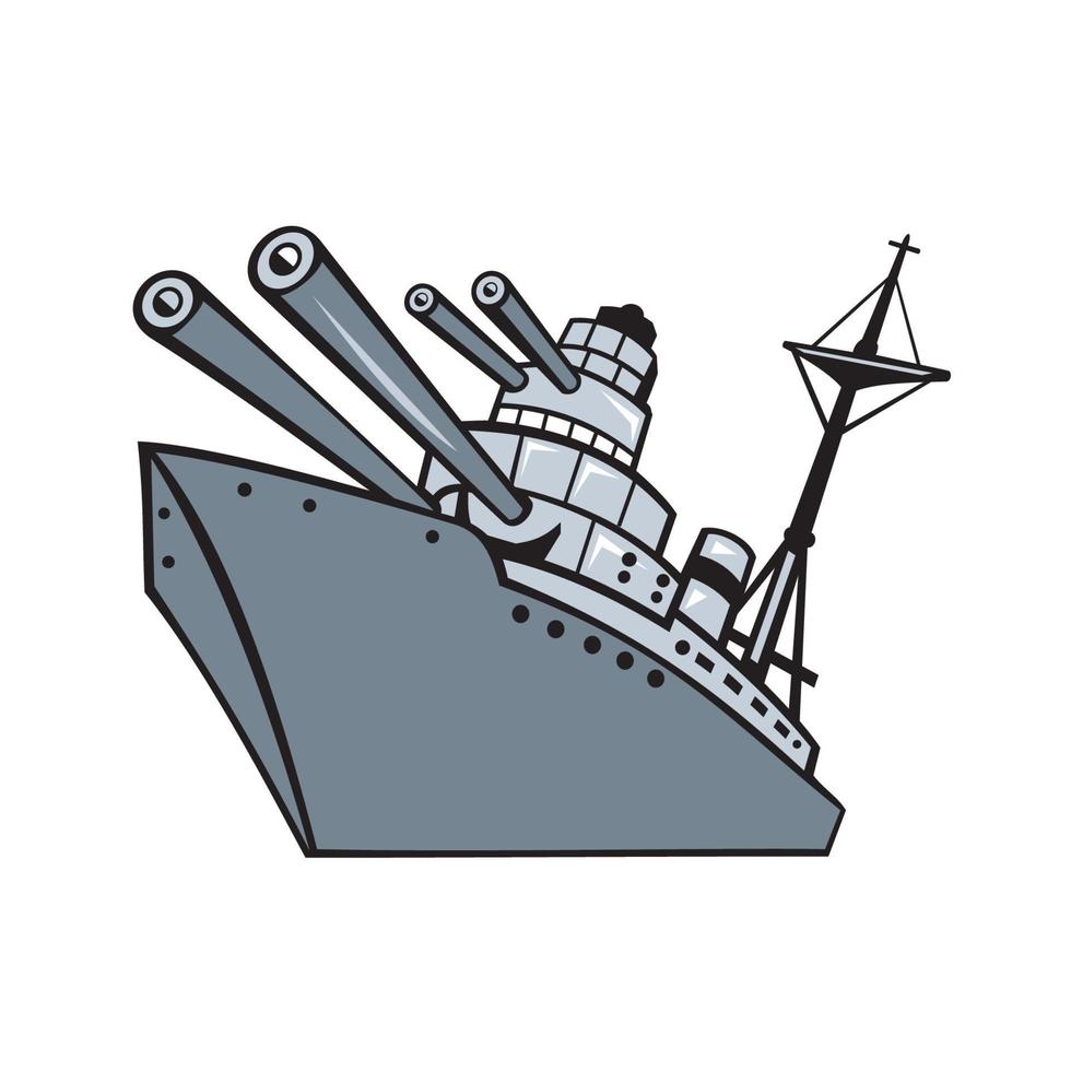 World war two battleship with big guns, mascot retro vector