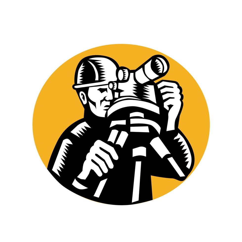 Retro woodcut style illustration of geodetic engineer or surveyor with theodolite level set vector