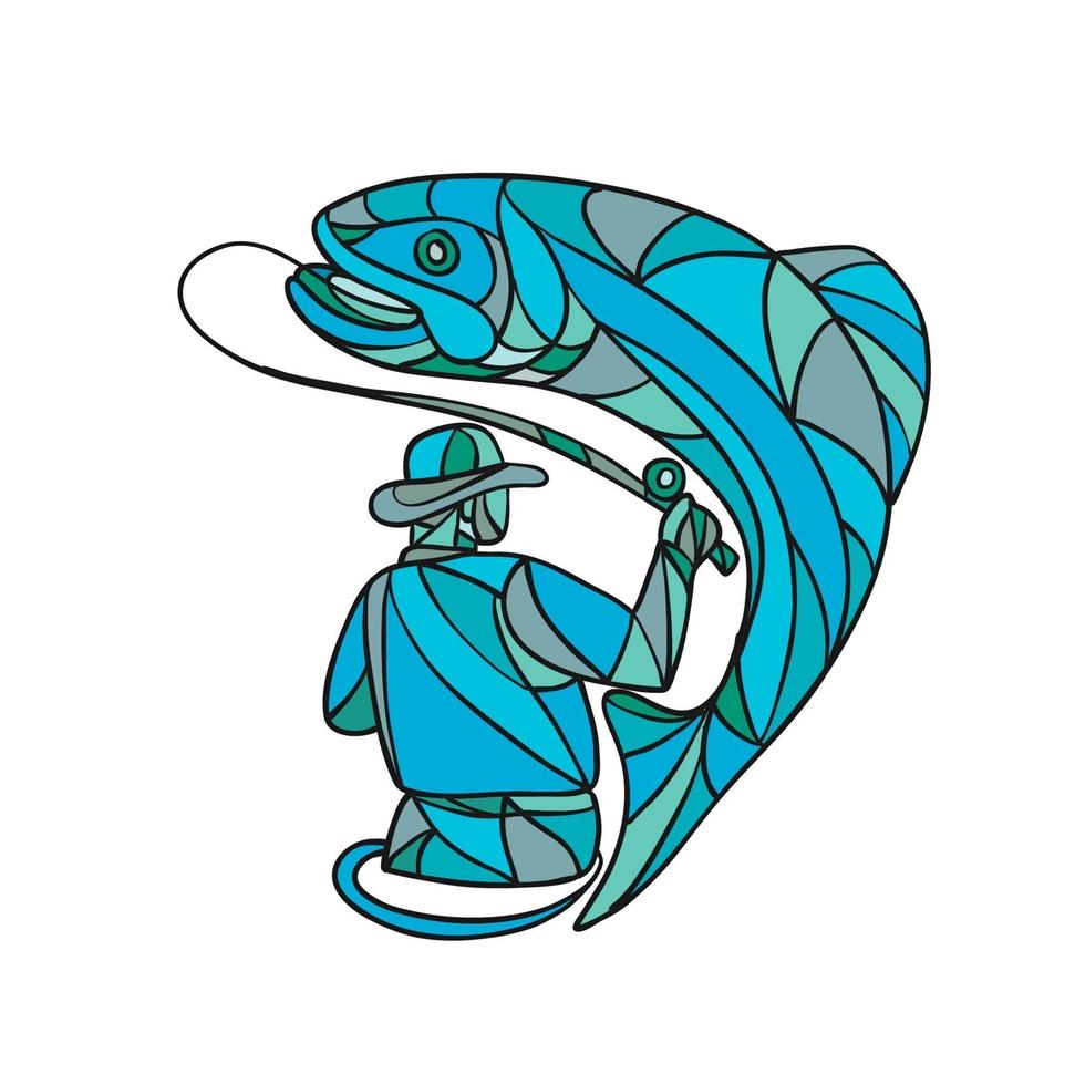 Pescador con mosca captura de truchas, mosaico de colores vector