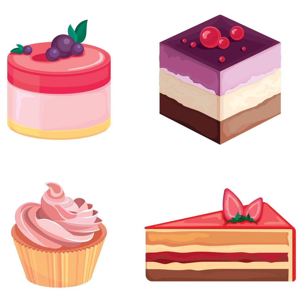 Set of cakes. Beautiful pastries decorated with cream and berries. vector