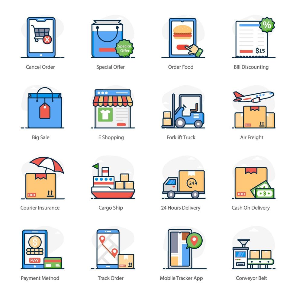 conjunto de iconos de entrega y comercio electrónico vector