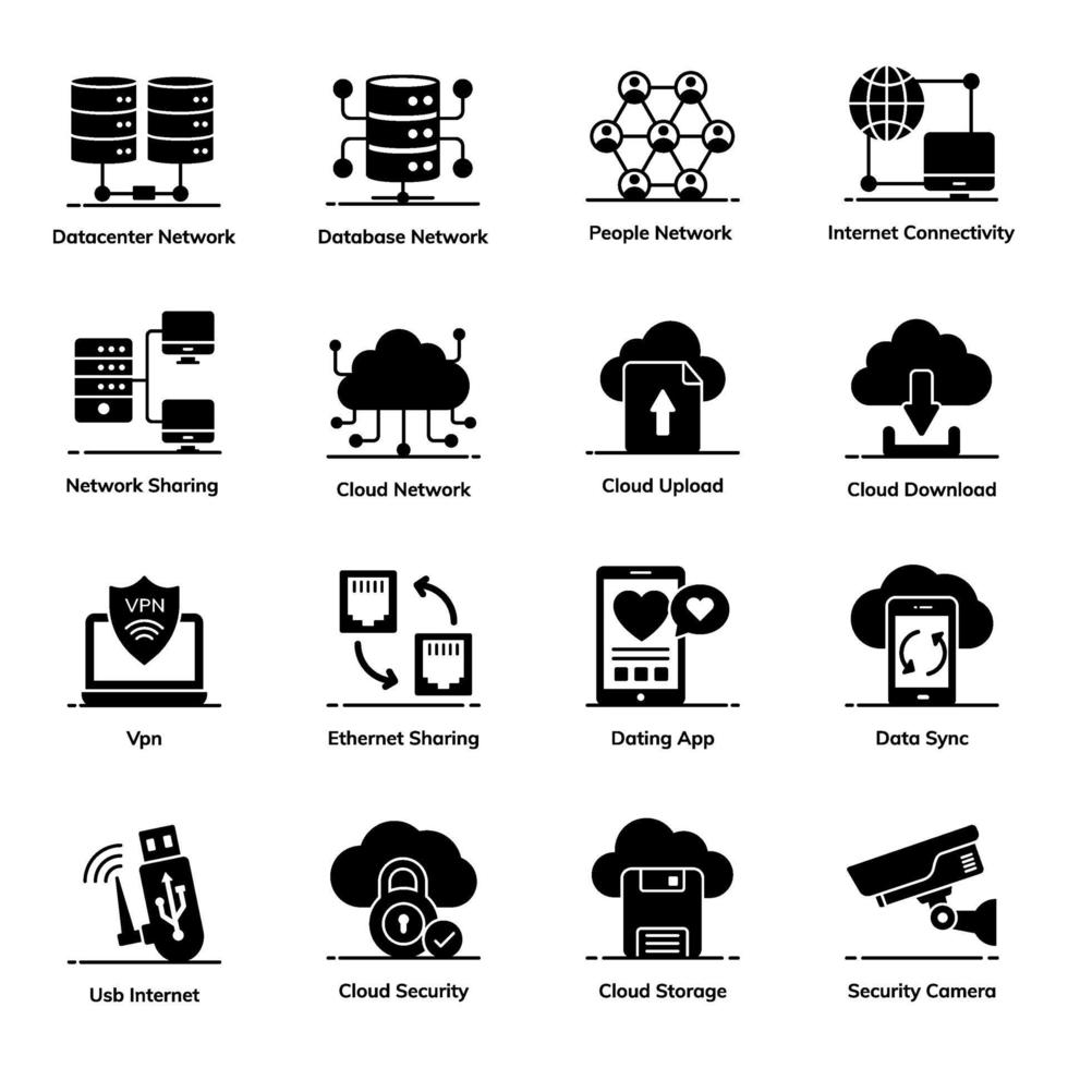 conjunto de iconos de redes de datos y computación en la nube vector