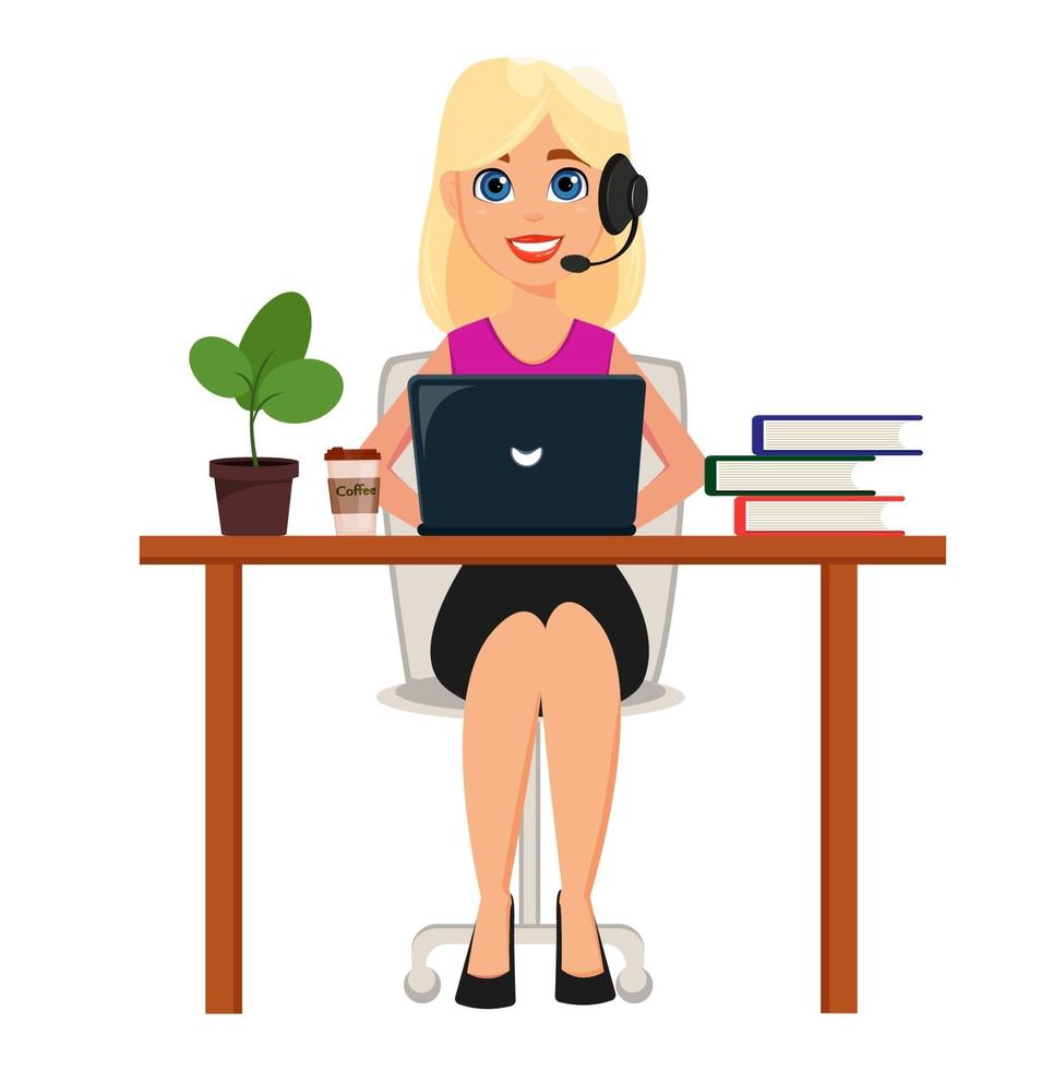 Business woman working on laptop at her office desk. Pretty cartoon