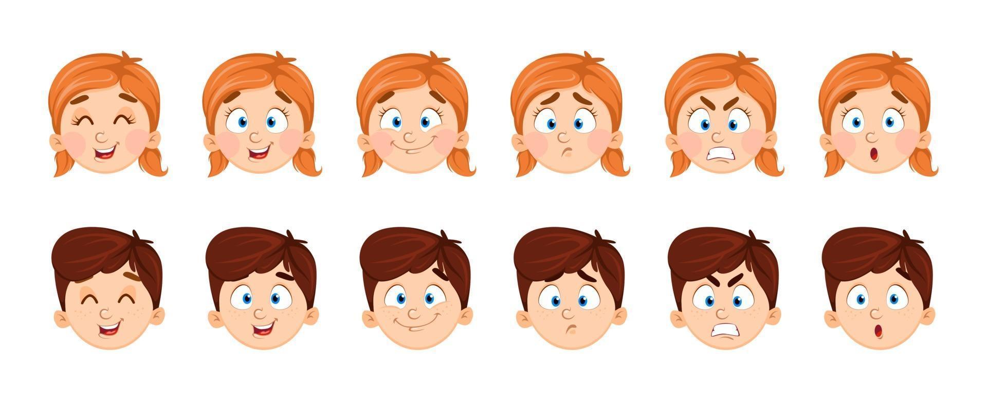 expresiones faciales de niño y niña. vector