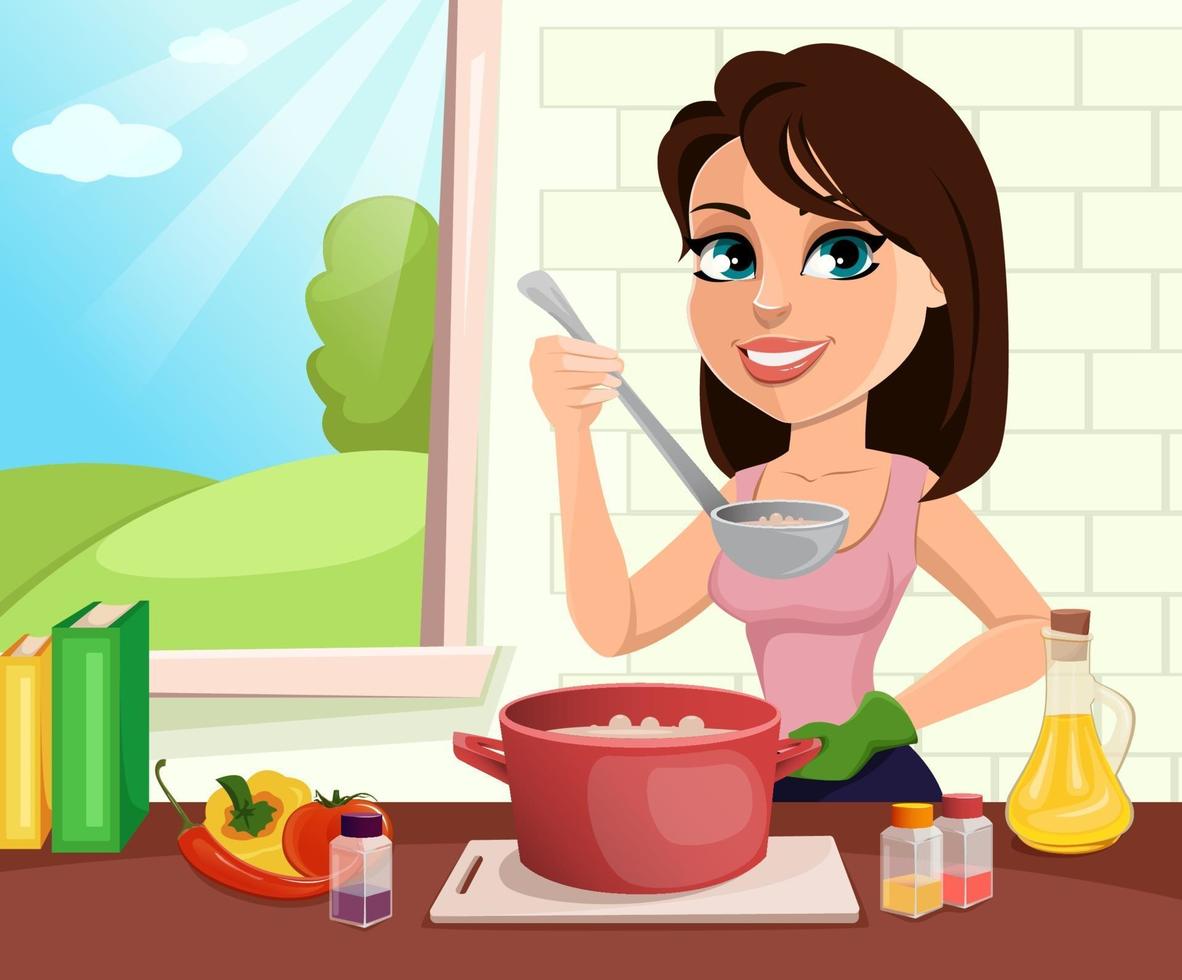 Beautiful woman cooking in her kitchen vector