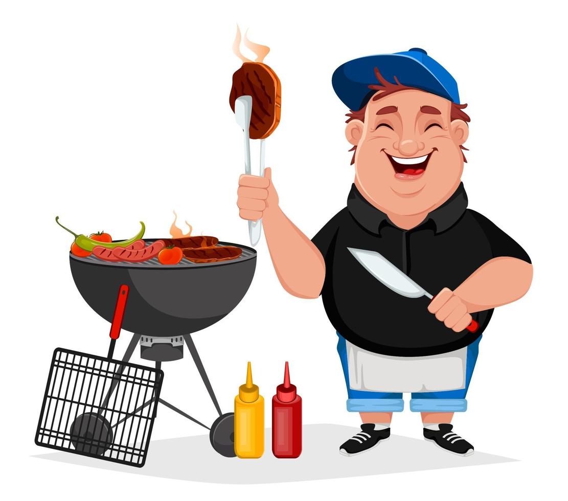 BBQ. Young cheerful man cooks grilled food vector