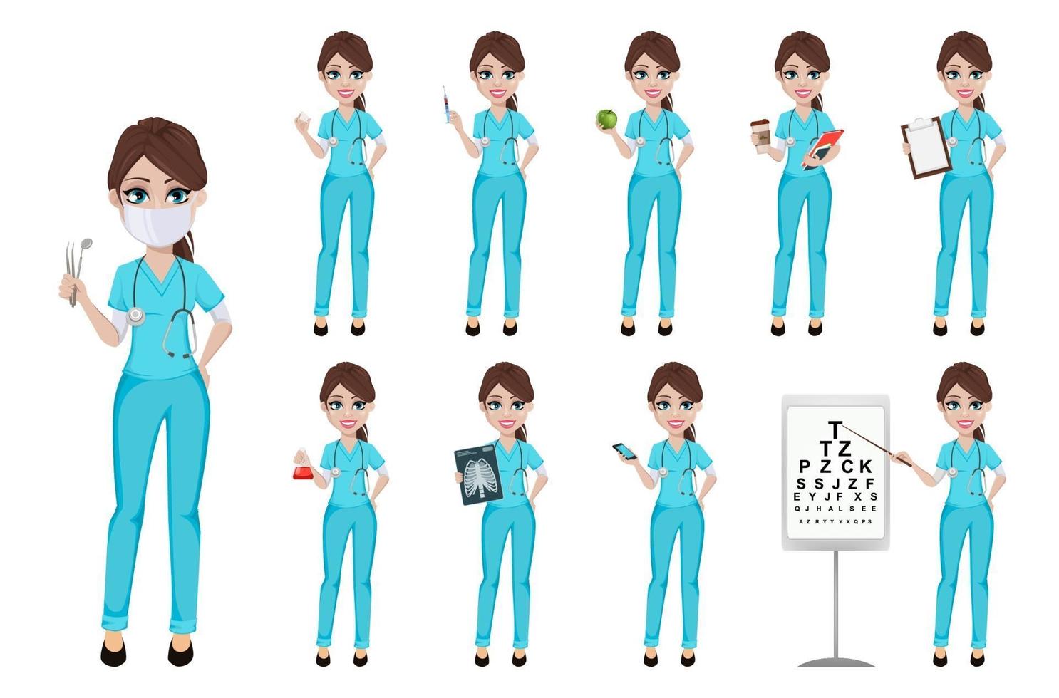 dentista, mujer, tenencia, herramientas, conjunto, de, diez, poses vector