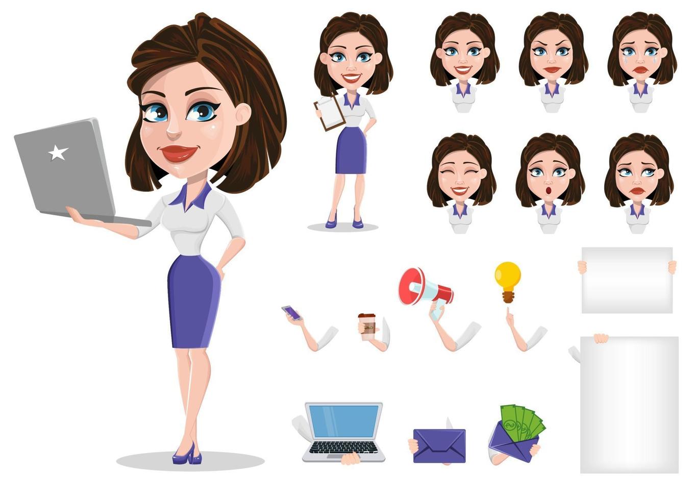 hermoso conjunto de mujer de negocios. empresaria en constructor de ropa formal. varias expresiones faciales. vector