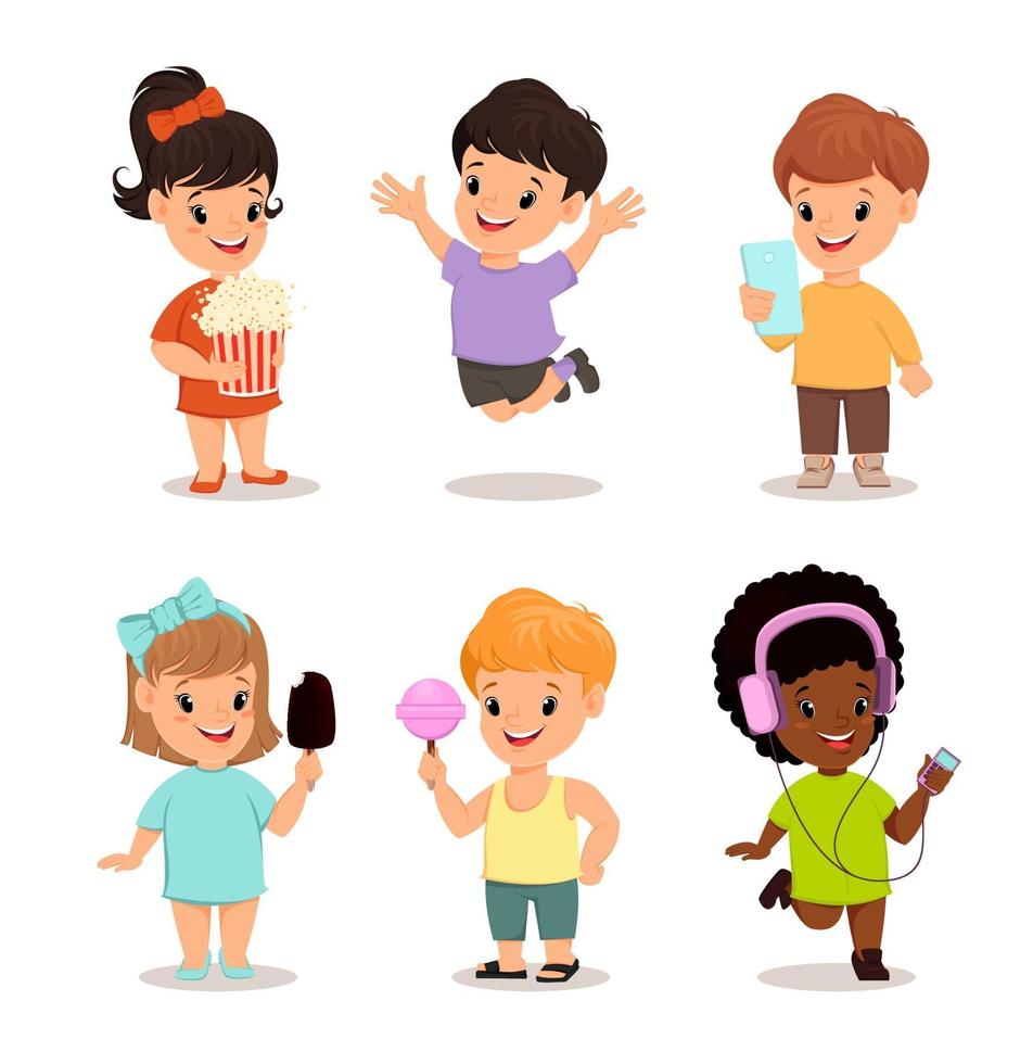 Children set. Cute kids with popcorn, smartphone, ice cream, sweet candy, walkman, jumping, running, standing vector