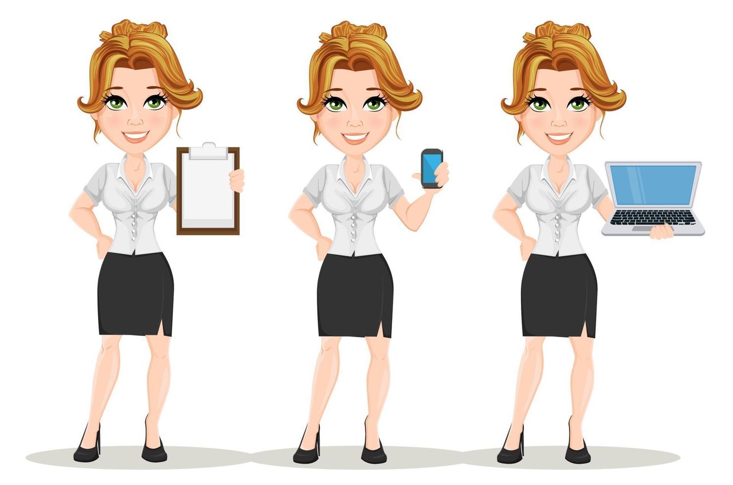 Young cartoon businesswomen. Set. Beautiful smiling girl in working situations vector