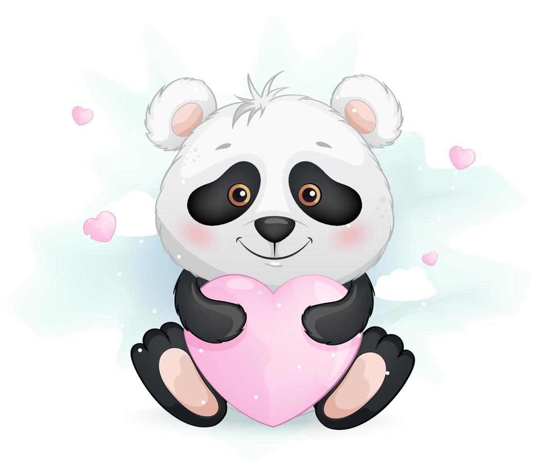 lindo pequeño panda con corazón rosa vector