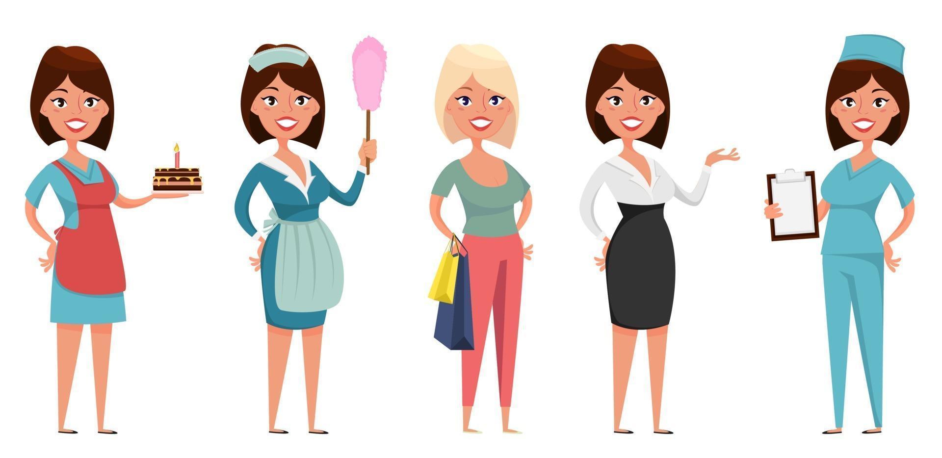 Housewife, maid, shopper, business woman and nurse. Set vector