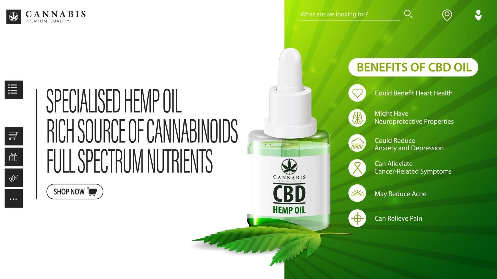 Green and white web banner with bottle of Medical cbd oil and hemp leaf. Web header with copy space and health benefits of CBD vector