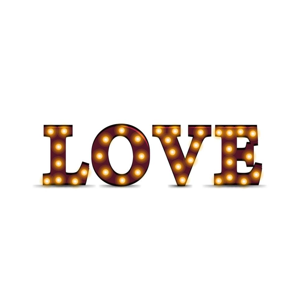 The word love of three-dimensional wooden letters with bulbs isolated on a white background for your creativity vector