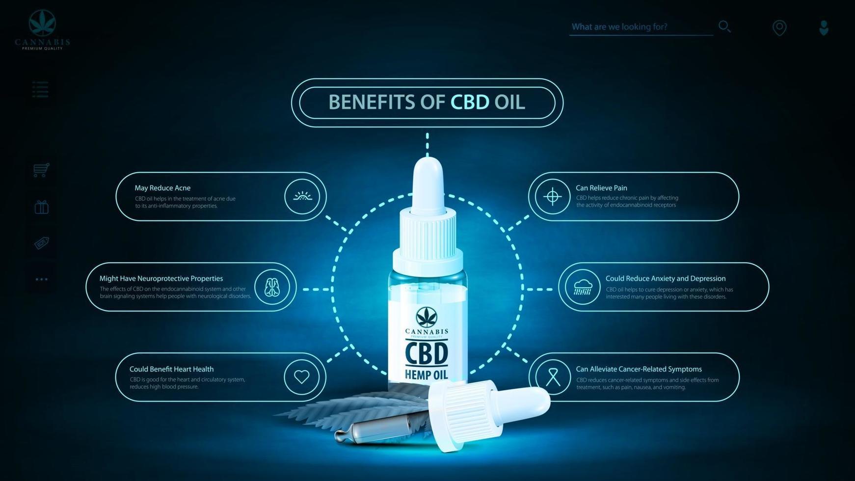 Beneficios del uso de aceite cbd, encabezado digital azul y oscuro para sitio web con botella de aceite cbd con pipeta. cartel con escena de neón oscuro y holograma de aceite de cbd. vector