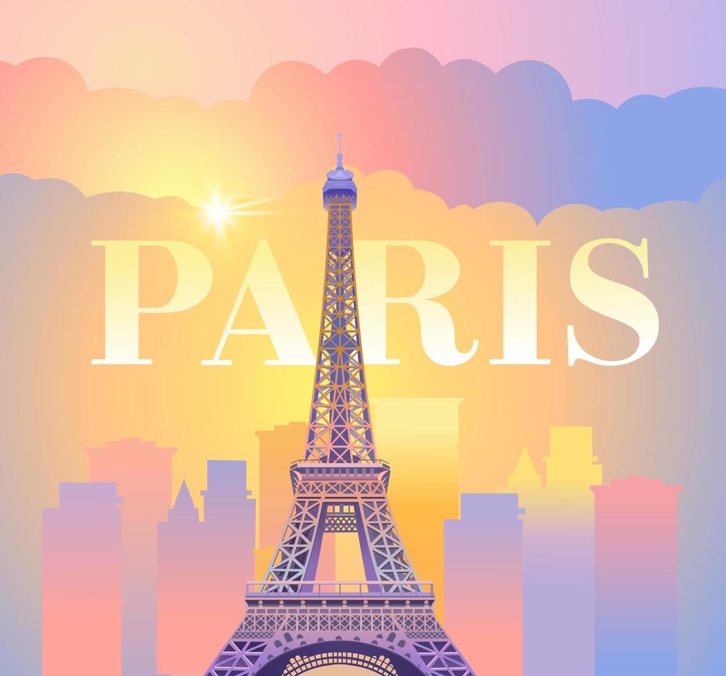 torre eiffel en parís. París por la noche. puesta de sol soleada en Francia con el telón de fondo de la ciudad. ilustración vectorial vector