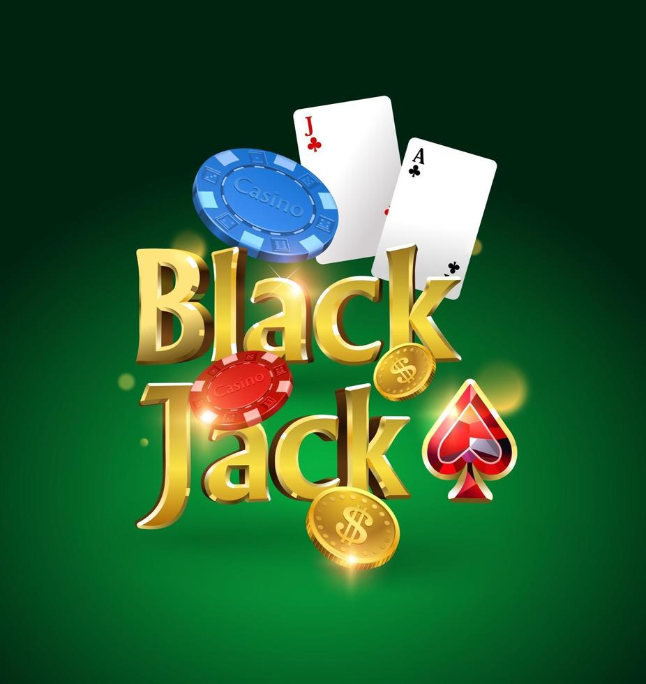 logotipo de blackjack sobre un fondo verde con tarjetas, fichas y dinero. juego de cartas. juego de casino. ilustración vectorial vector