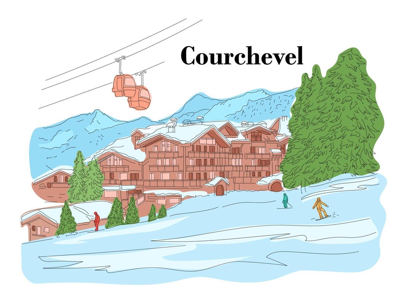Courchevel in the winter. People are skiing. Ski resort. Vector line illustration