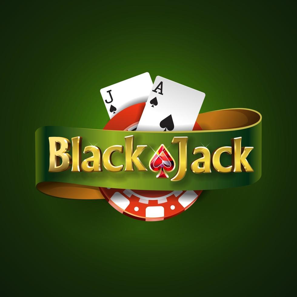 Blackjack logo with green ribbon and on a green background, isolated. Card game. Casino game vector