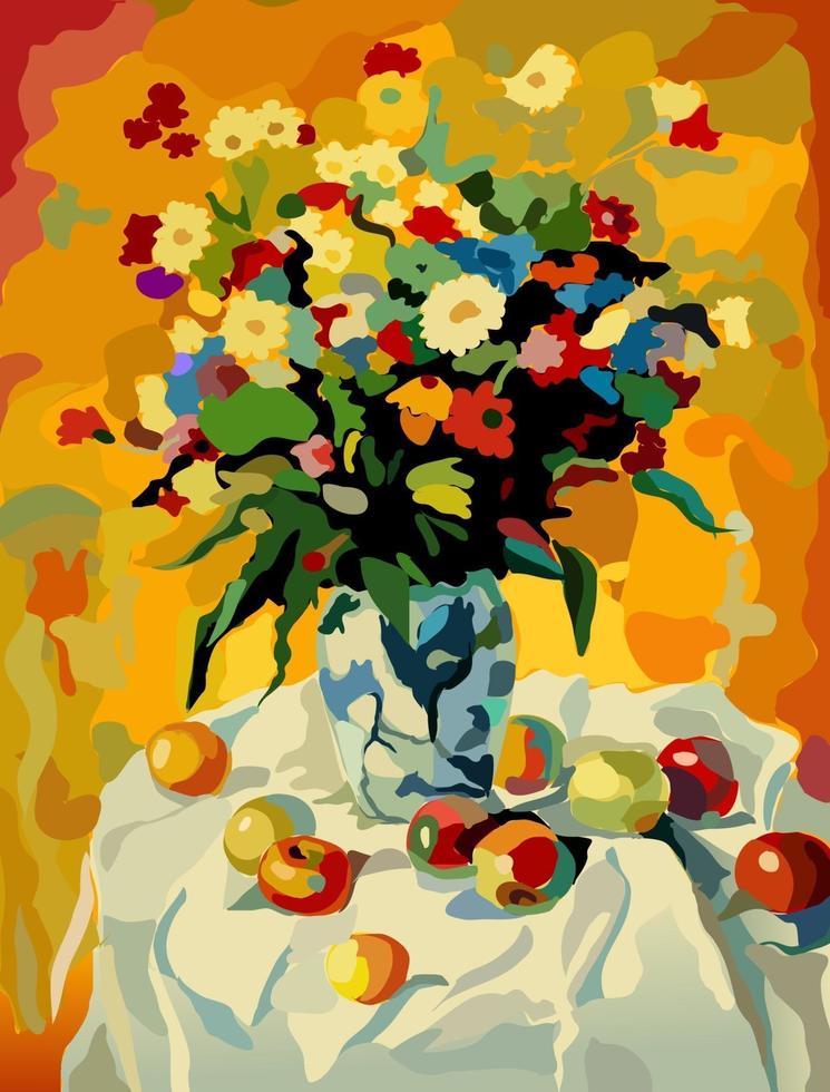 Flower bouquet in a vase on the table. A table with a white tablecloth and fruits on it. Painting by numbers. Vector illustration.