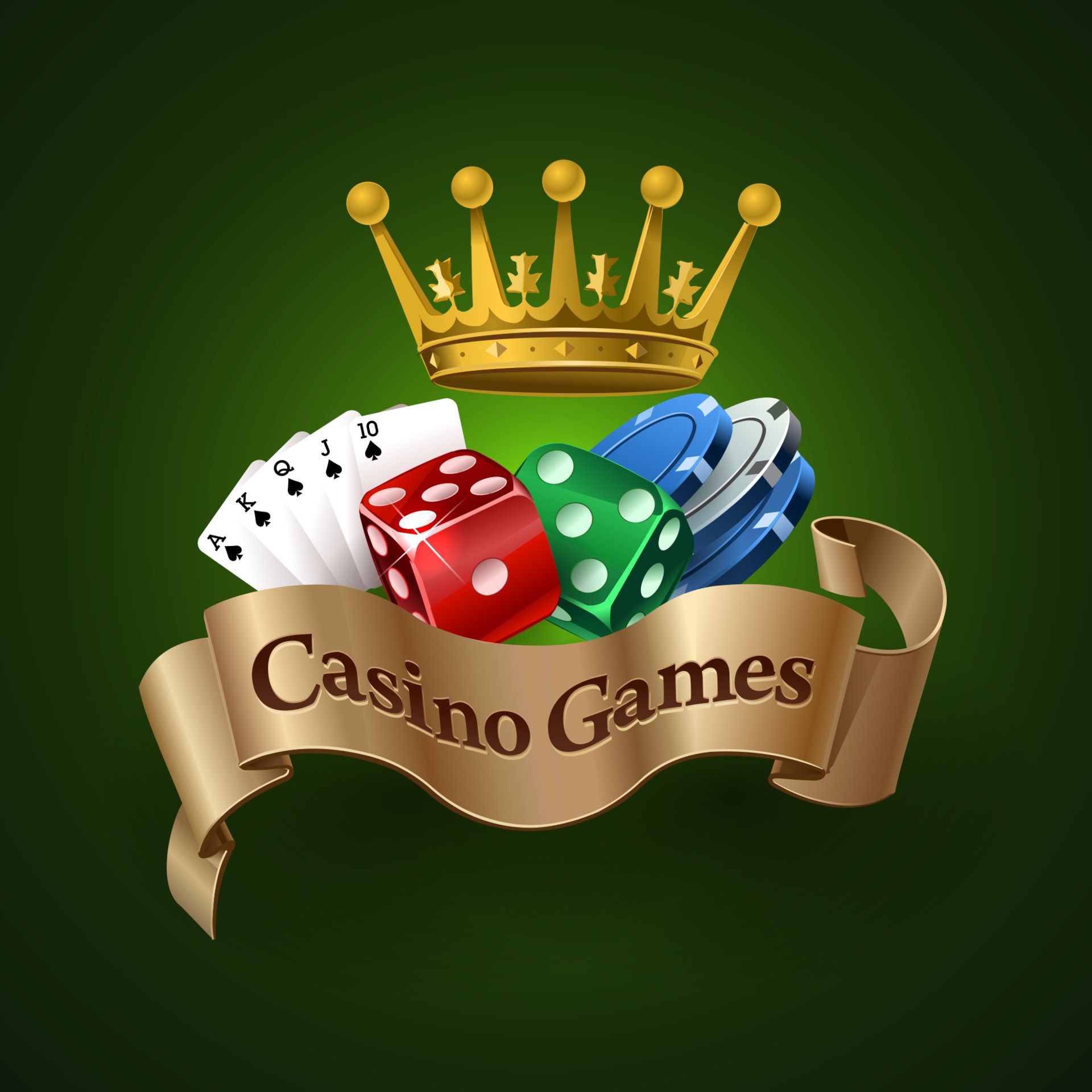 Casino games logo. The best casino games. Dice, cards, chips. Vector
