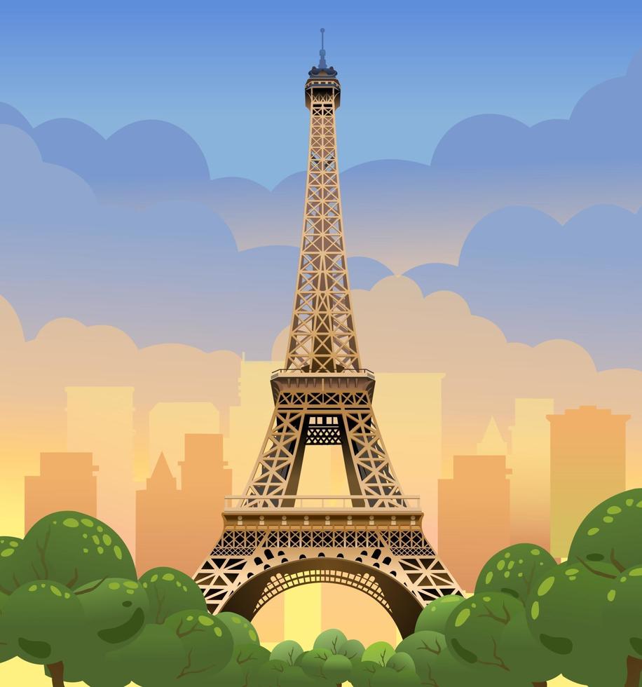 Eiffel Tower in Paris. Sunset on the Champs Elysees. Evening Paris. Sunset in france, Vector illustration