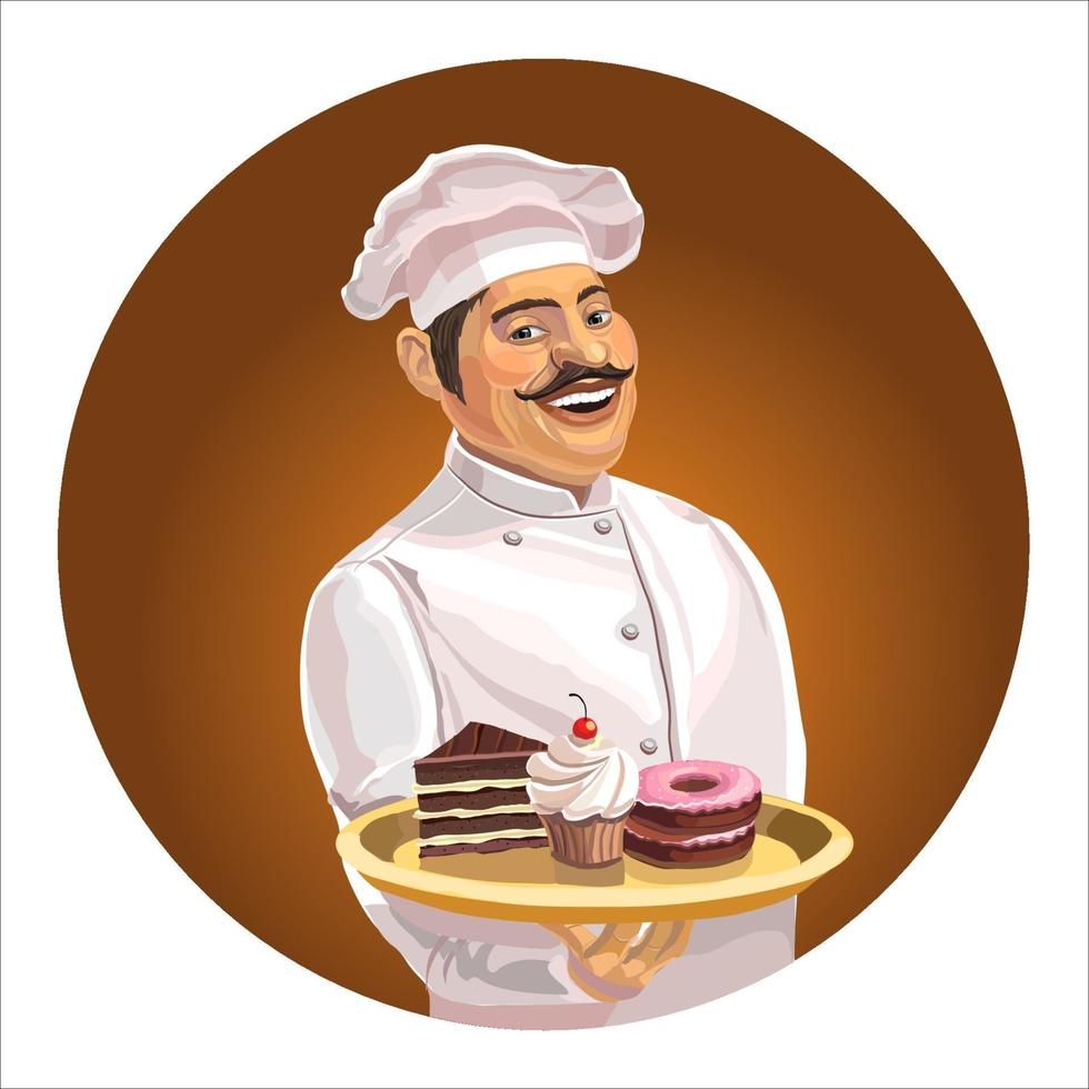 Cheerful cook with a mustache in a cap and with a tray. On a tray are cakes and sweets. Isolated. Vector illustration