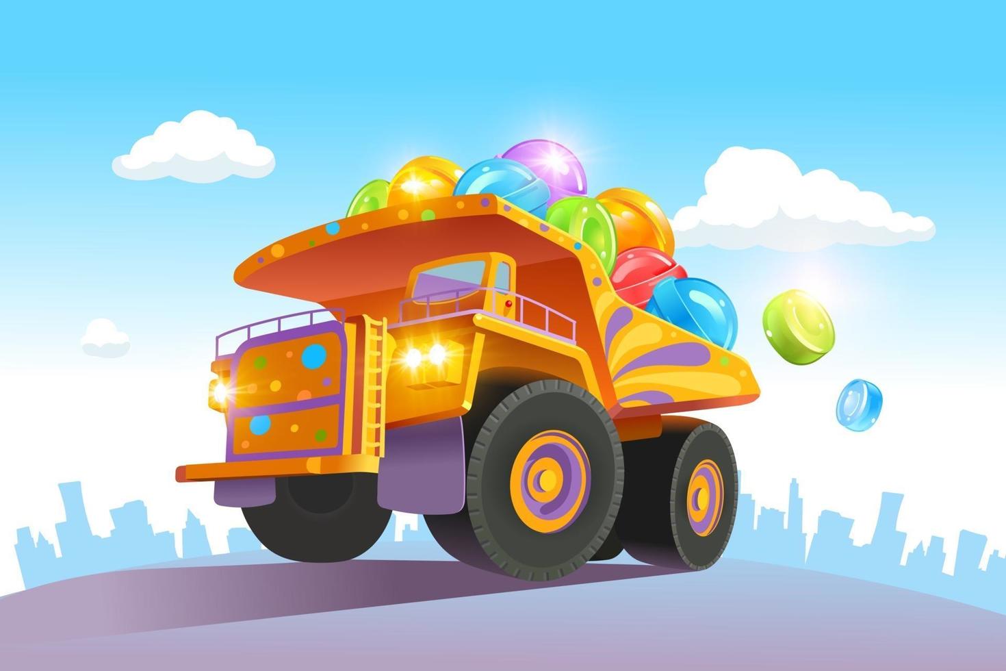 A large, bright truck carries a lot of colorful candies. Lollipop delivery. Vector illustration