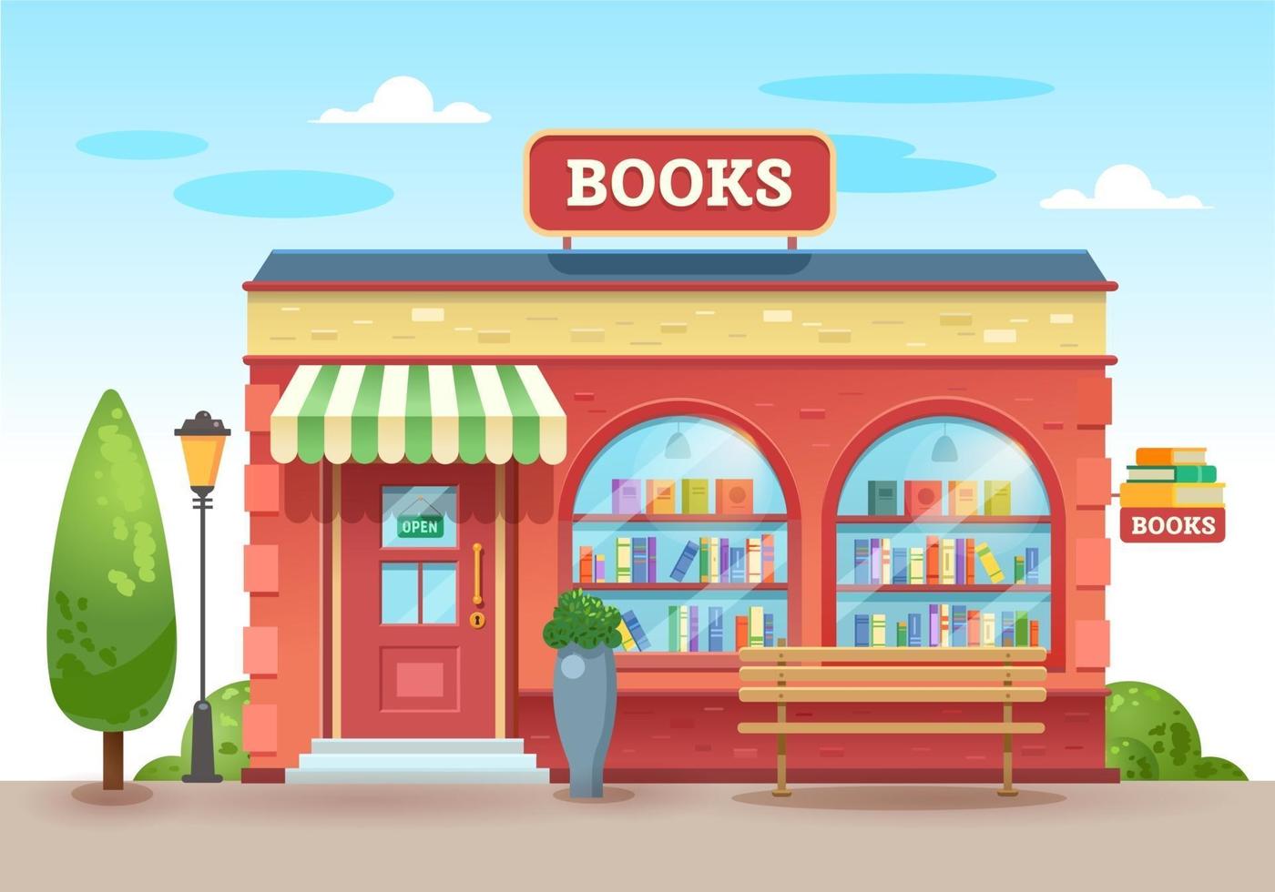 Bookstore with a visor above the entrance. Books in a shop window on shelves. Street shop. Vector illustration, flat style.