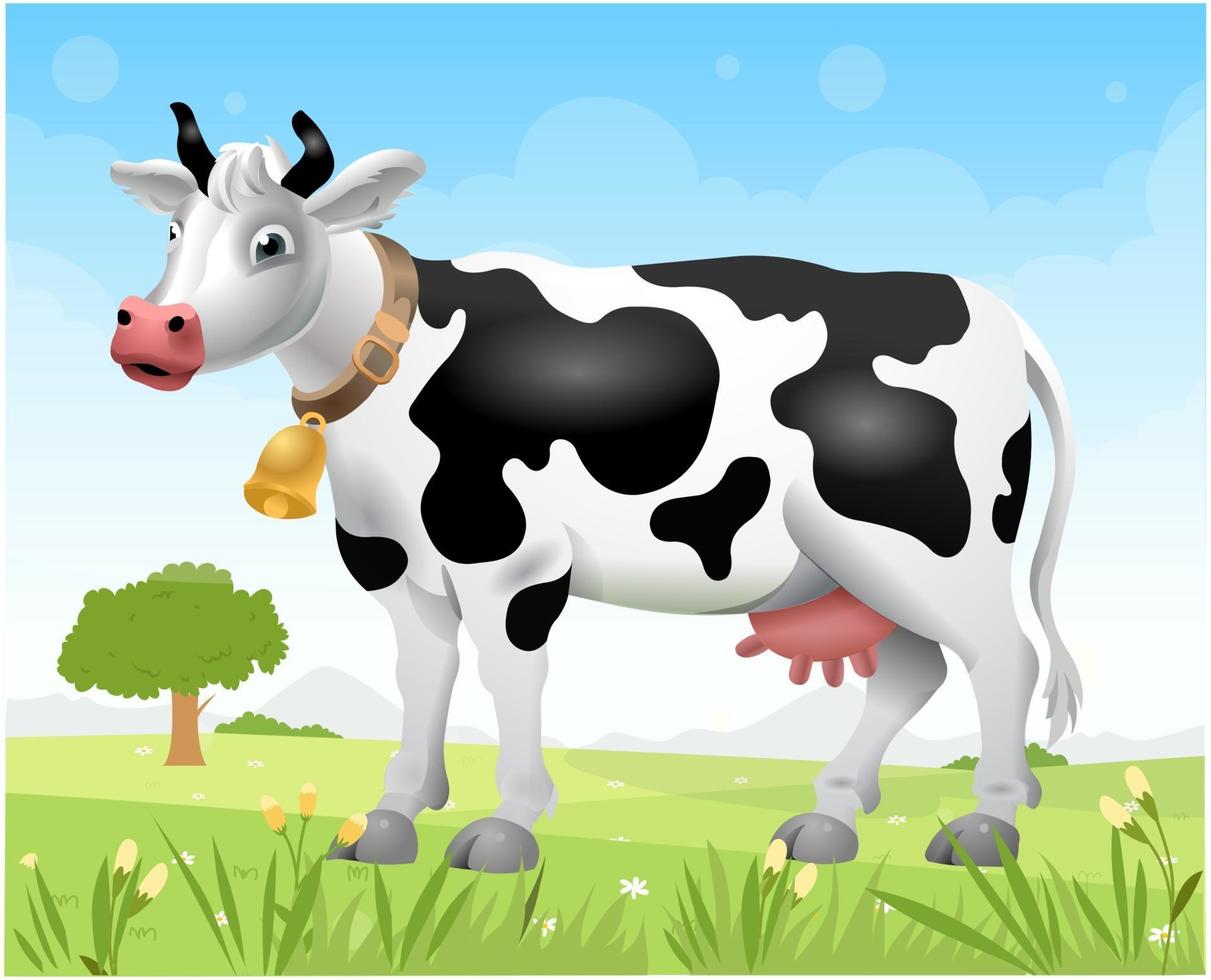 A cow on the lawn. Sunny day. Cartoon cow. Milk from a cow. Vector ...