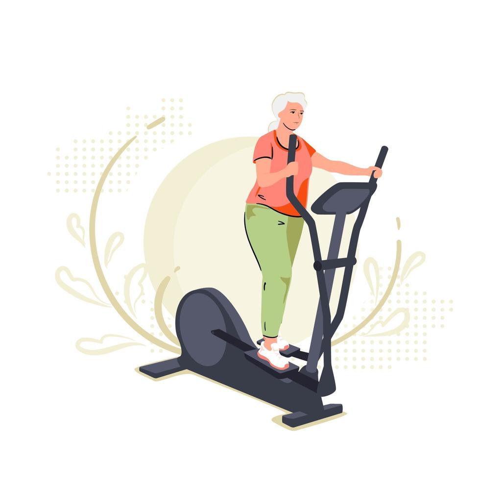 Active senior woman on elliptical cross trainer at home. Lifestyle sport activities in old age. Sportive grandmother on training machine, active elderly character. Gym Vector illustration flat style.