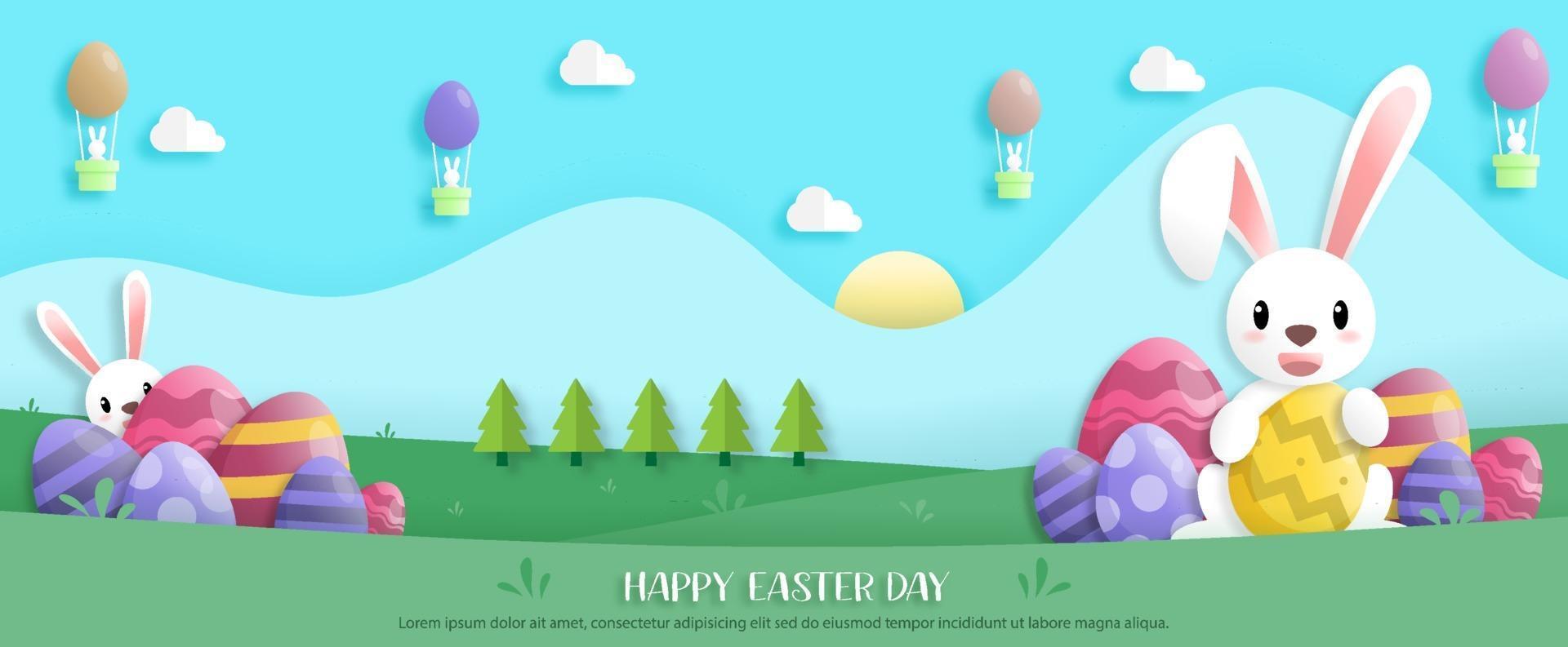 Happy easter day in paper art style with rabbit and easter eggs. greeting card, posters and wallpaper. banner. Vector illustration.