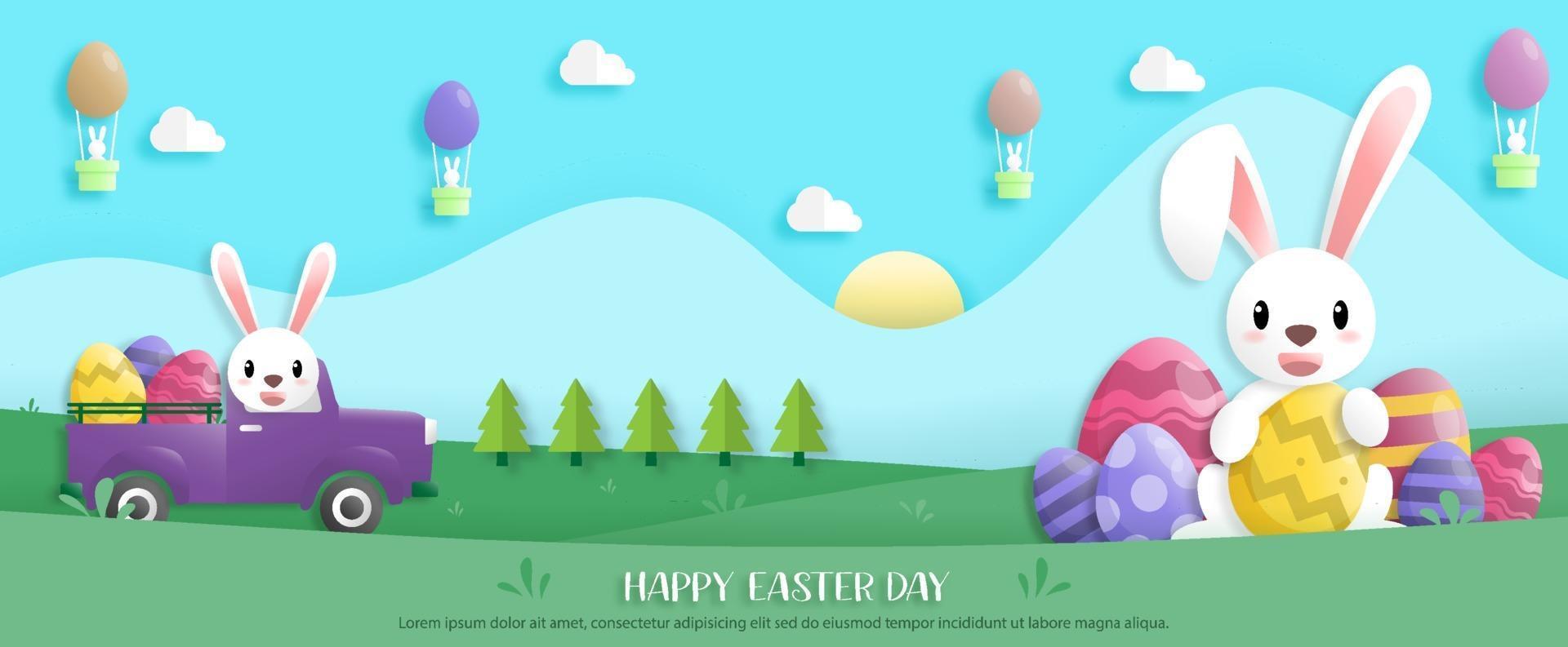 Happy easter day in paper art style with rabbit and easter eggs. greeting card, posters and wallpaper. banner. Vector illustration.