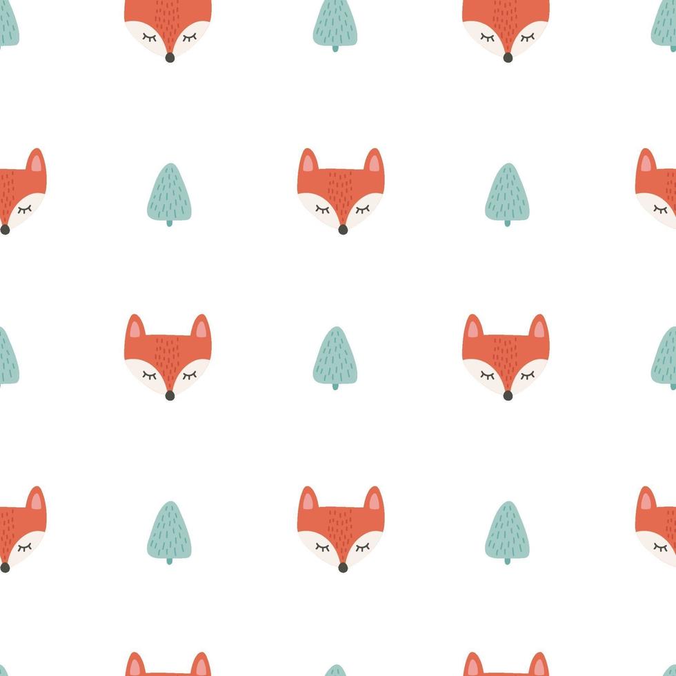 Seamless pattern with cute fox face in forest. Vector scandinavian illustration. Design for baby textile, wallpaper, web, fabric and decor