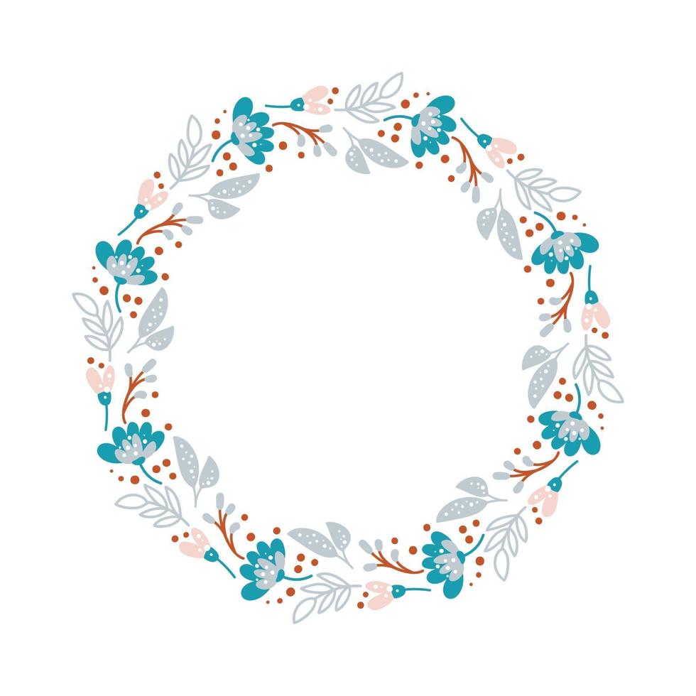 Summer wreath with flowers in scandinavian style. Spring herb flat abstract vector garden frame for woman day romantic holiday, wedding card. Element floral isolated illustration