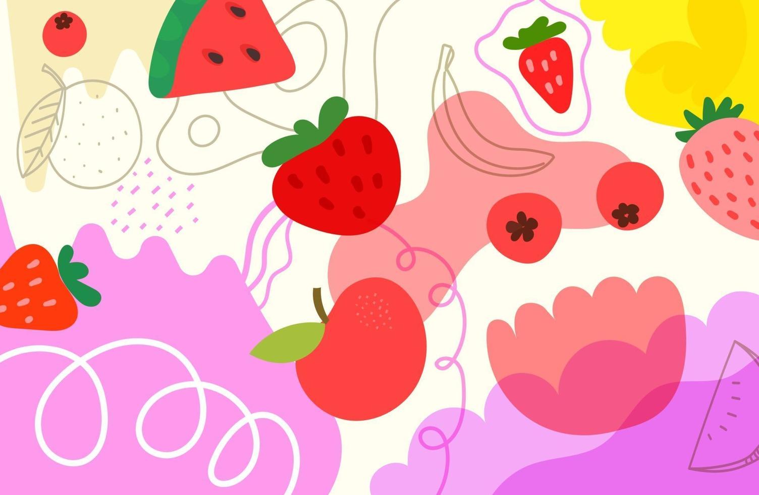 Creative doodle artistic wallpaper with fruits. Abstract background with color hand drawn geometric shapes. Sketchy style illustration vector