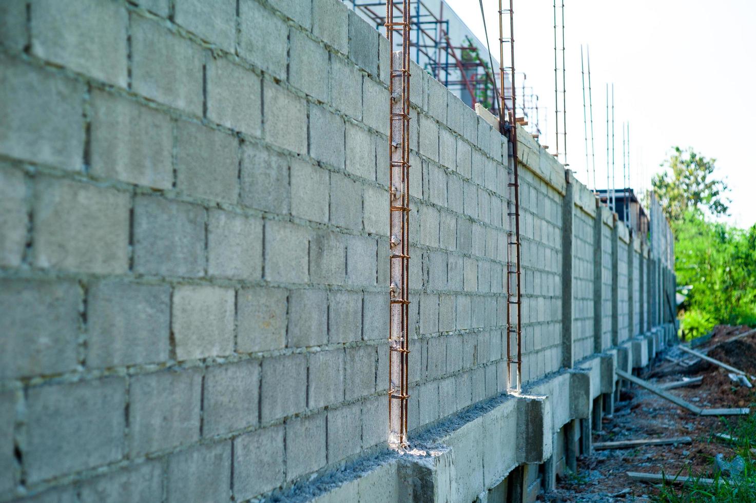 Perspective structure of reinforcement steel in the cement brick wall photo