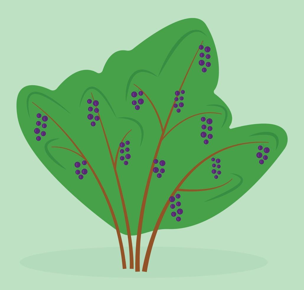 Cute cartoon currant bush in the garden. Shrub of black currants. Harvest season, summer, autumn. Flat vector illustration