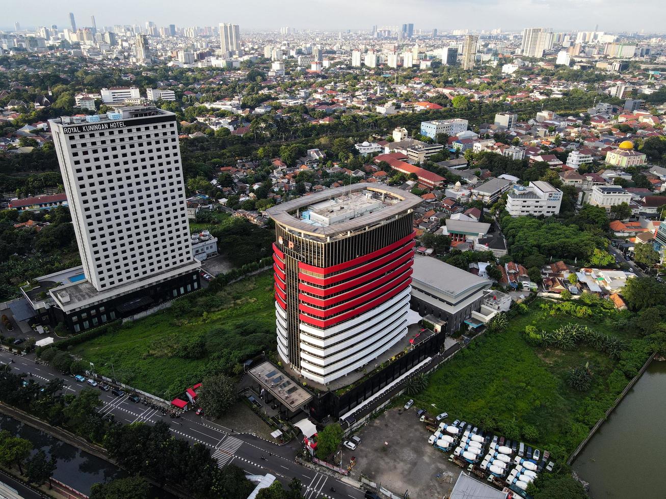 Jakarta, Indonesia 2021- Aerial view of highway intersection and buildings in the city of Jakarta photo