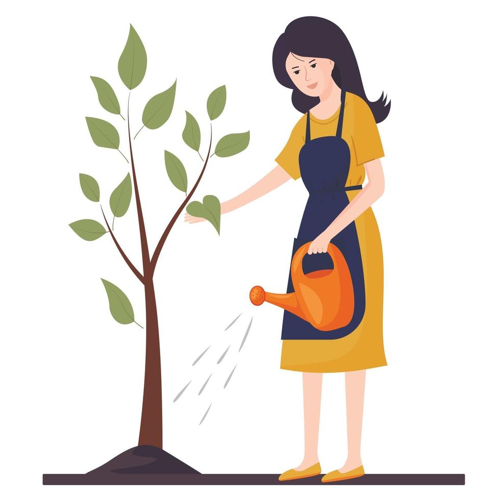A young woman is watering a tree. Agricultural work. Gardening. Vector illustration in a flat style.