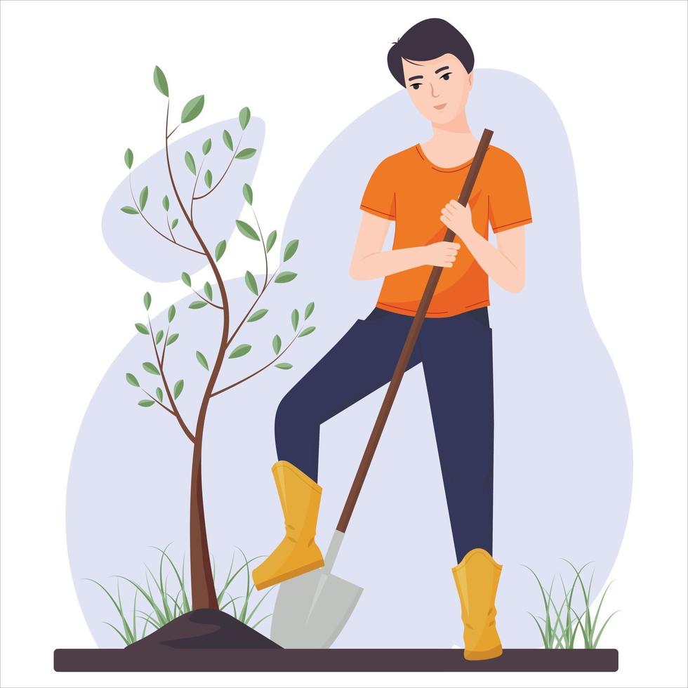 A young guy is planting a tree. Agricultural work. Gardening work. Vector illustration in a flat style.