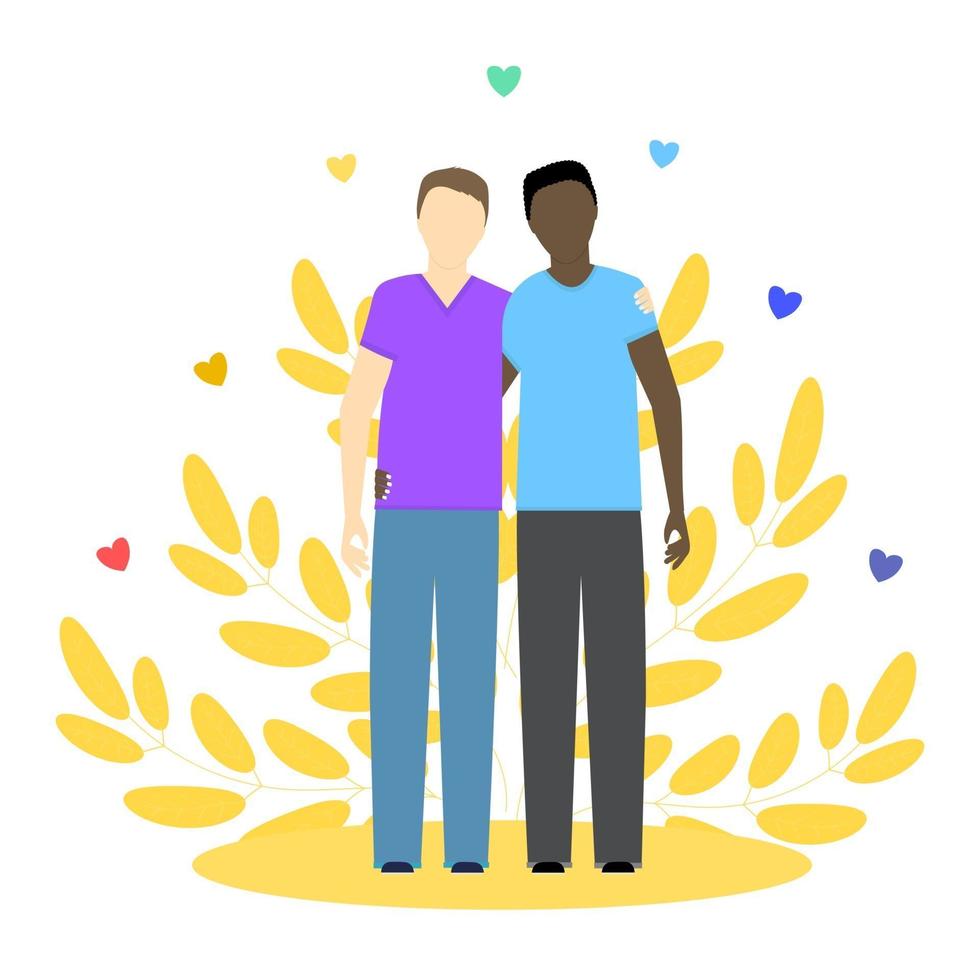 Two gay guys, black and white. LGBT couple. Gay relationship. Concept vector illustration.