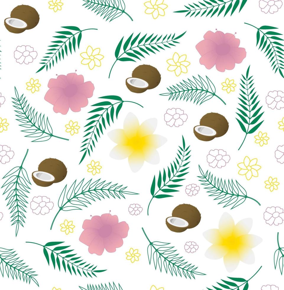 Seamless vector tropical pattern with coconut, palm leaves and flowers on white background. Perfect for wallpaper, background, textile or wrapping paper.