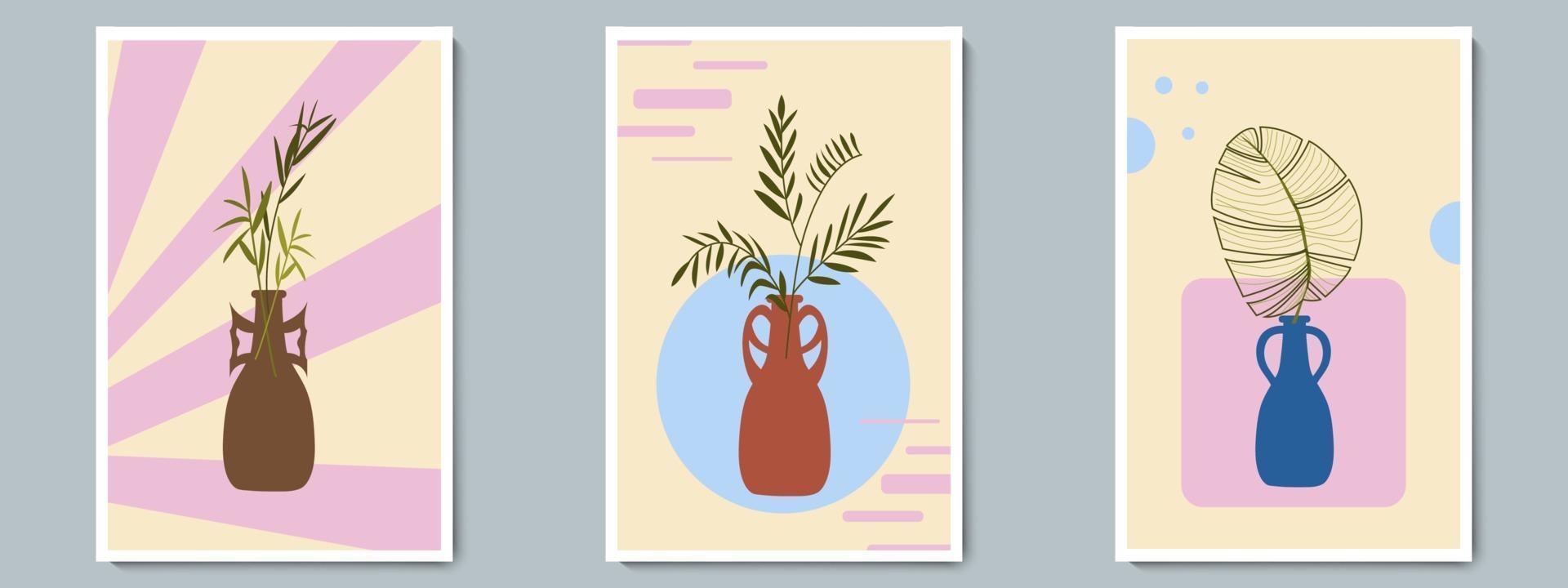 Jarrón de cerámica dibujada a mano con plantas tropicales y forma geométrica. collage de moda para la decoración vector