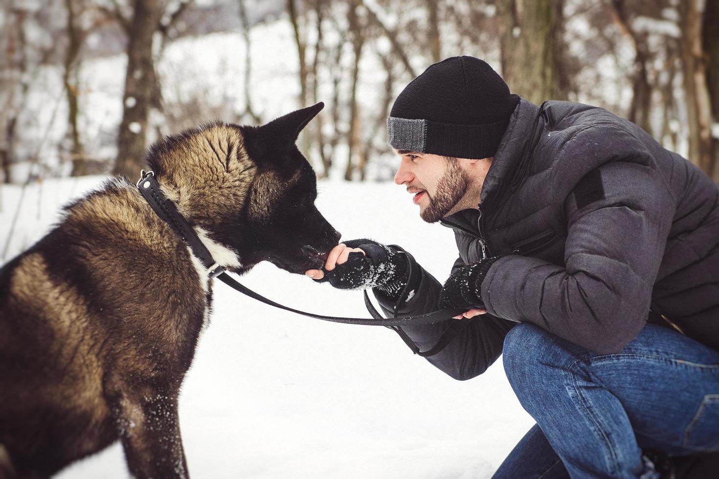 A man in a jacket and a knitted hat walks with an american akita dog photo