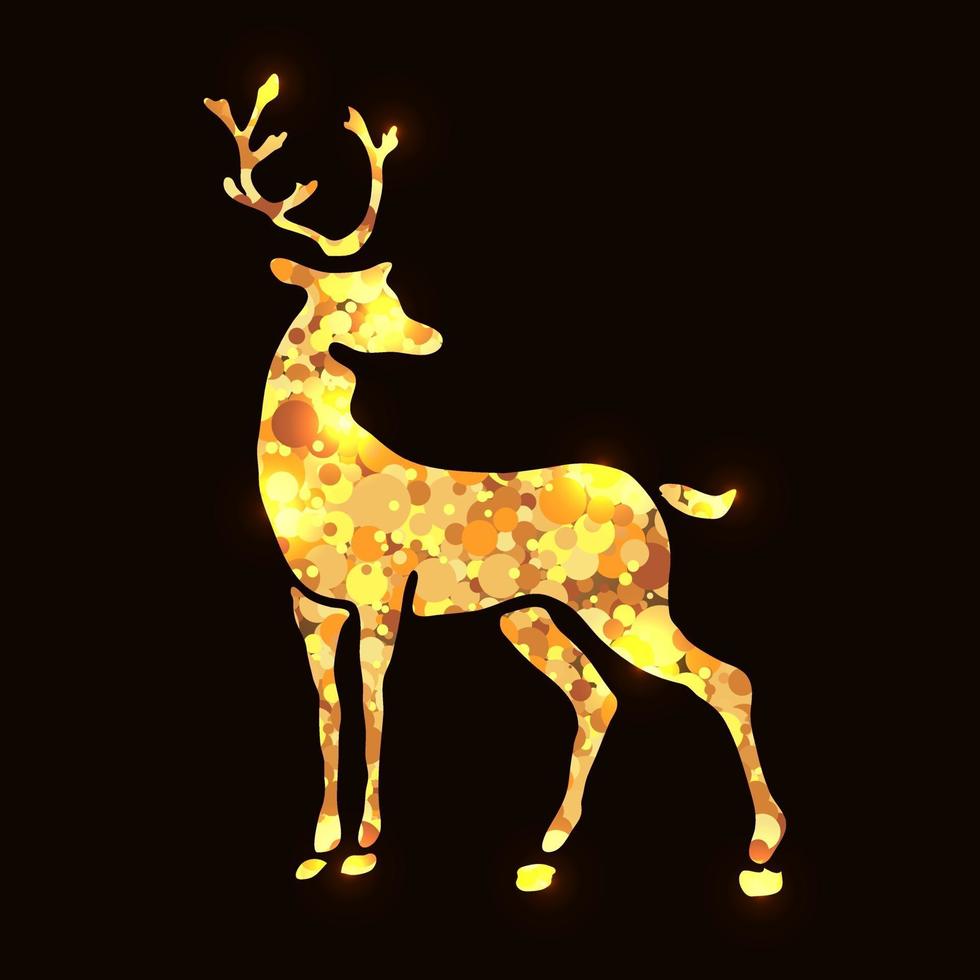 diseño de silueta de ciervo dorado brillo. brillo vector oro dentro de la figura sobre fondo oscuro. icono de navidad, tarjeta de felicitación