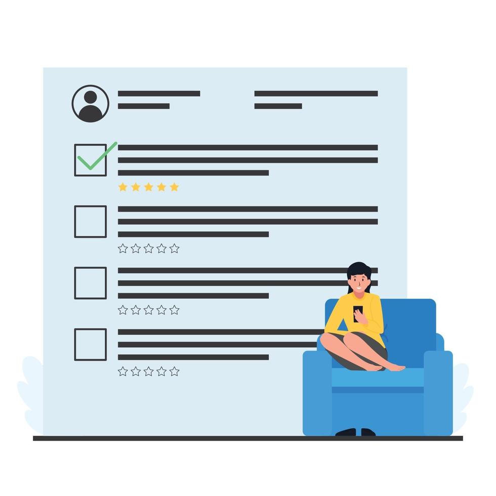 Woman sits and holds phone, filling out survey. Flat technology vector illustration.